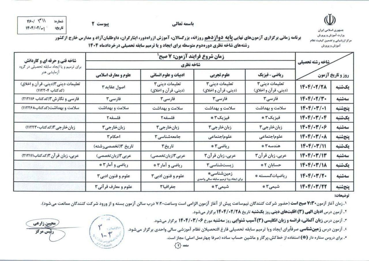 برنامه امتحانات نهایی دوازدهم1404